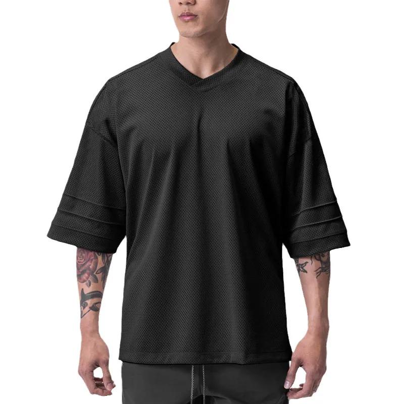 T-shirt manches mi-longues pour hommes, sport de gymnastique uni, musculation, maille surdimensionné