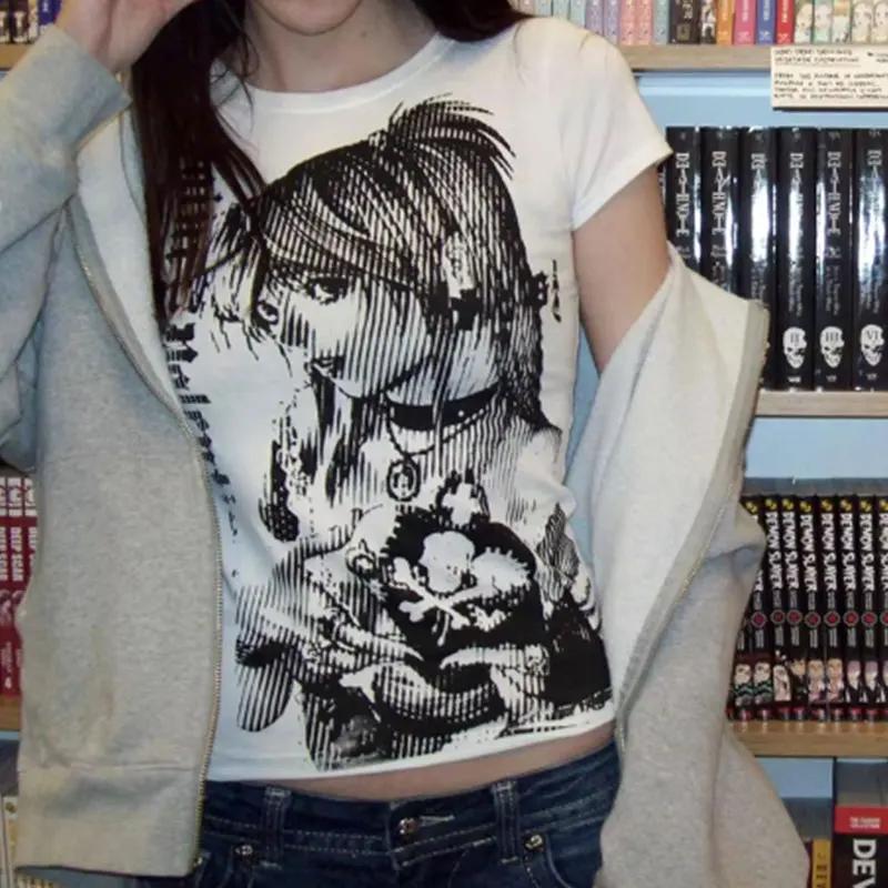 Y2k anime Streetwear col rond 90s texte impression hauts femmes Harajuku vêtements Simple Vintage T-