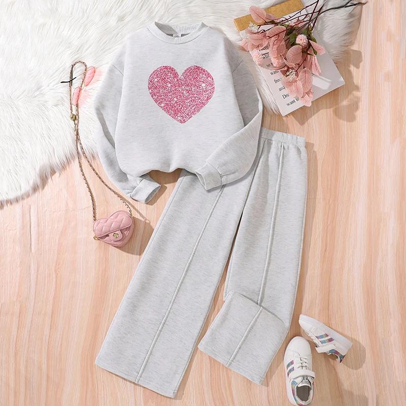 Ensemble de vêtements chauds pour enfants, couleur unie, imprimé cœur, haut et pantalon, sport décon
