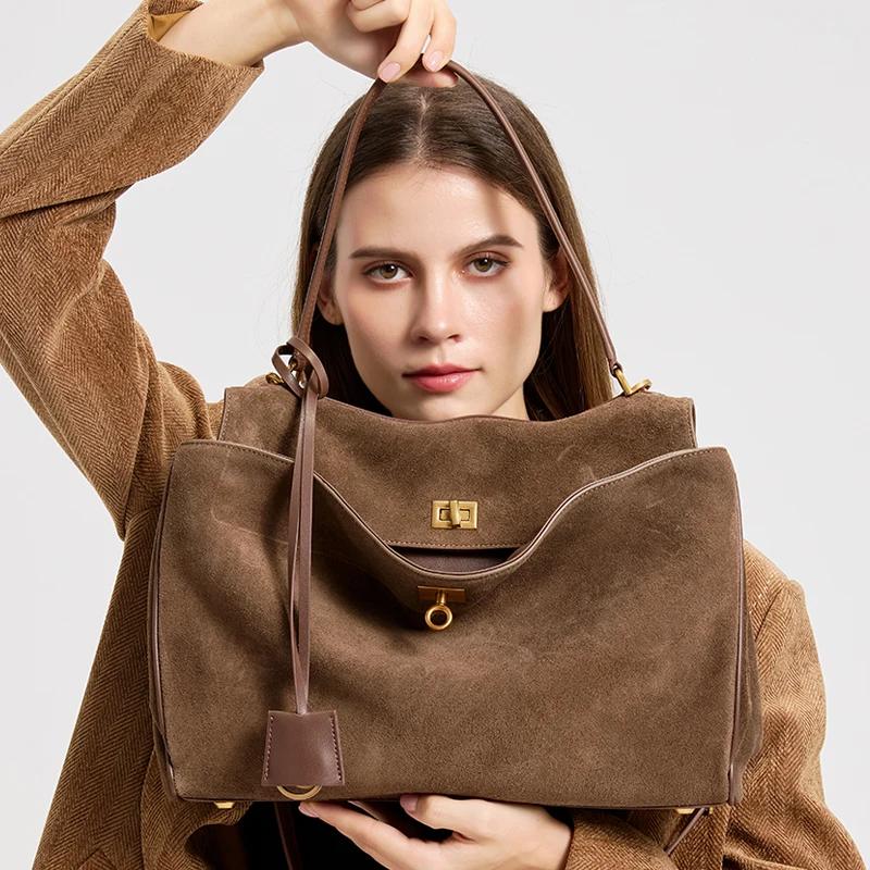 Sac à main en daim et cuir véritable pour femmes, sac à bandoulière de grande capacité, fourre-tout 