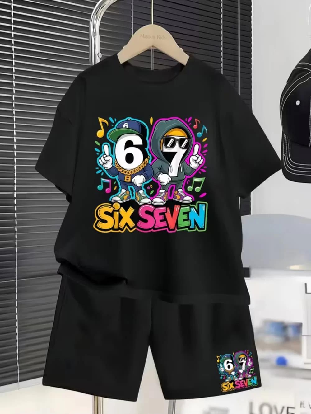 Nouvel ensemble cool 2026 de t-shirt et short pour enfants avec 67 motifs amusants – Vêtements décon