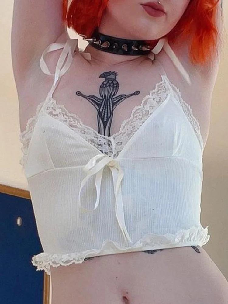 Haut court en dentelle pour femmes, imprimé, nœud blanc, mignon, doux, Mini gilet tricoté, basique, 