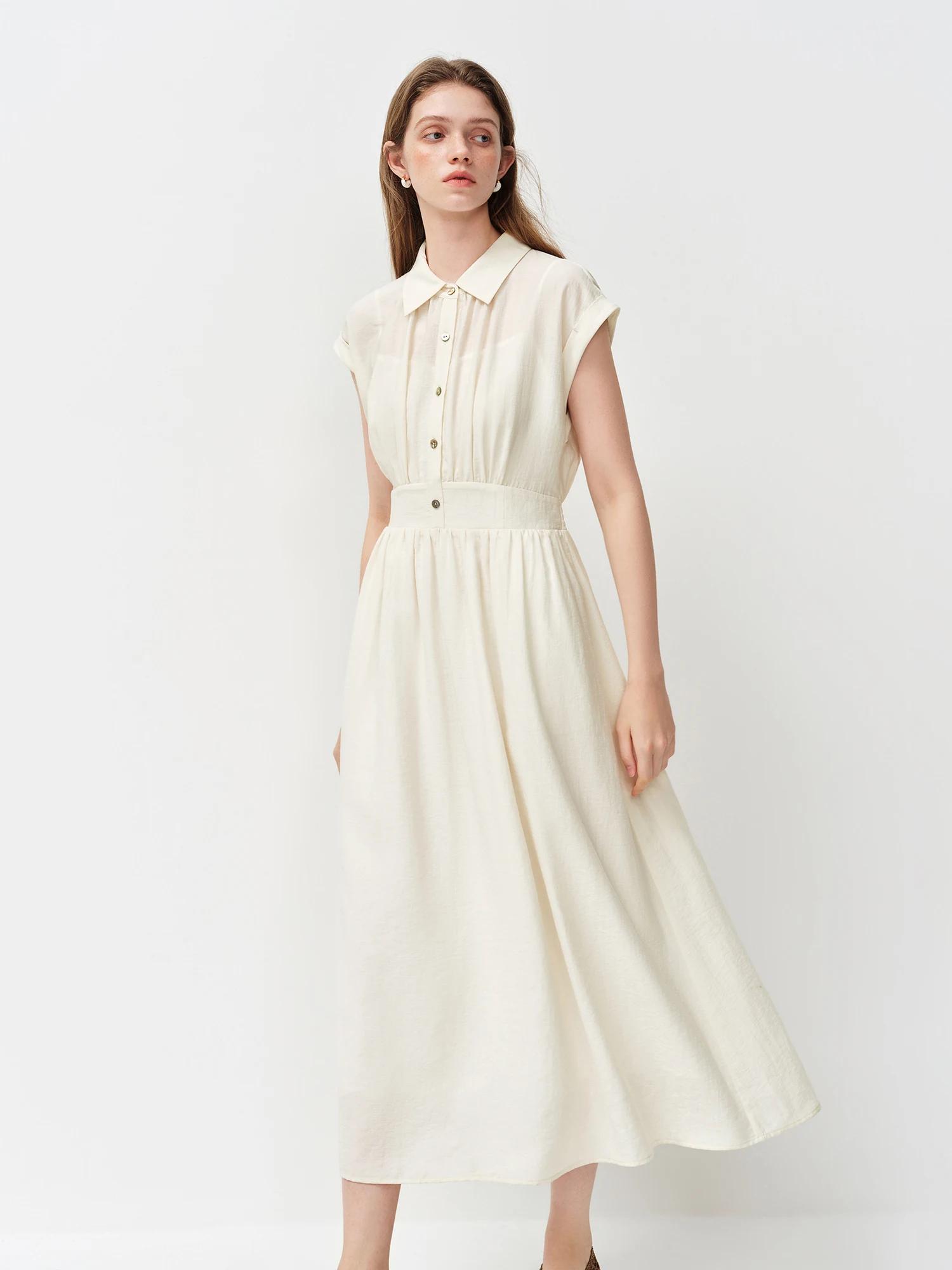 Robe mi-longue en lin coupe trapèze à col rabattu sans manches et taille ajustée en tissu Lyon, nouv
