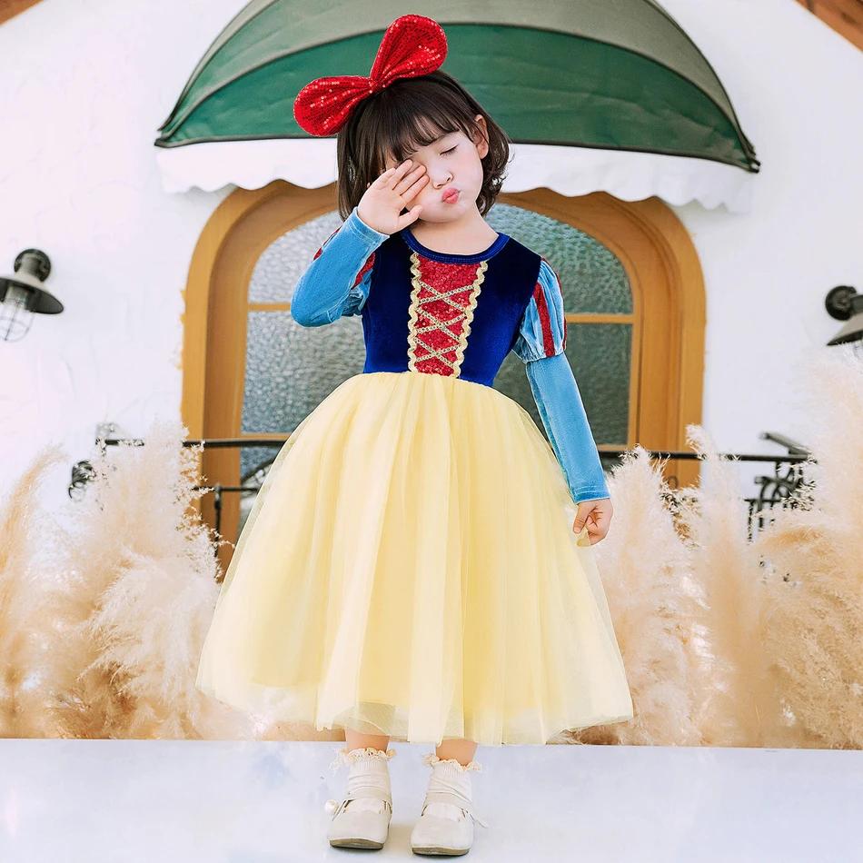 Robe de princesse Blanche-Neige pour Halloween, manches longues, en velours, costume pour enfants, f
