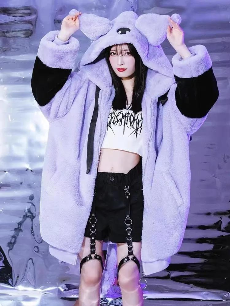 Mauroicardi hiver épais chaud doux mignon violet et noir couleur bloc fausse fourrure manteau femmes