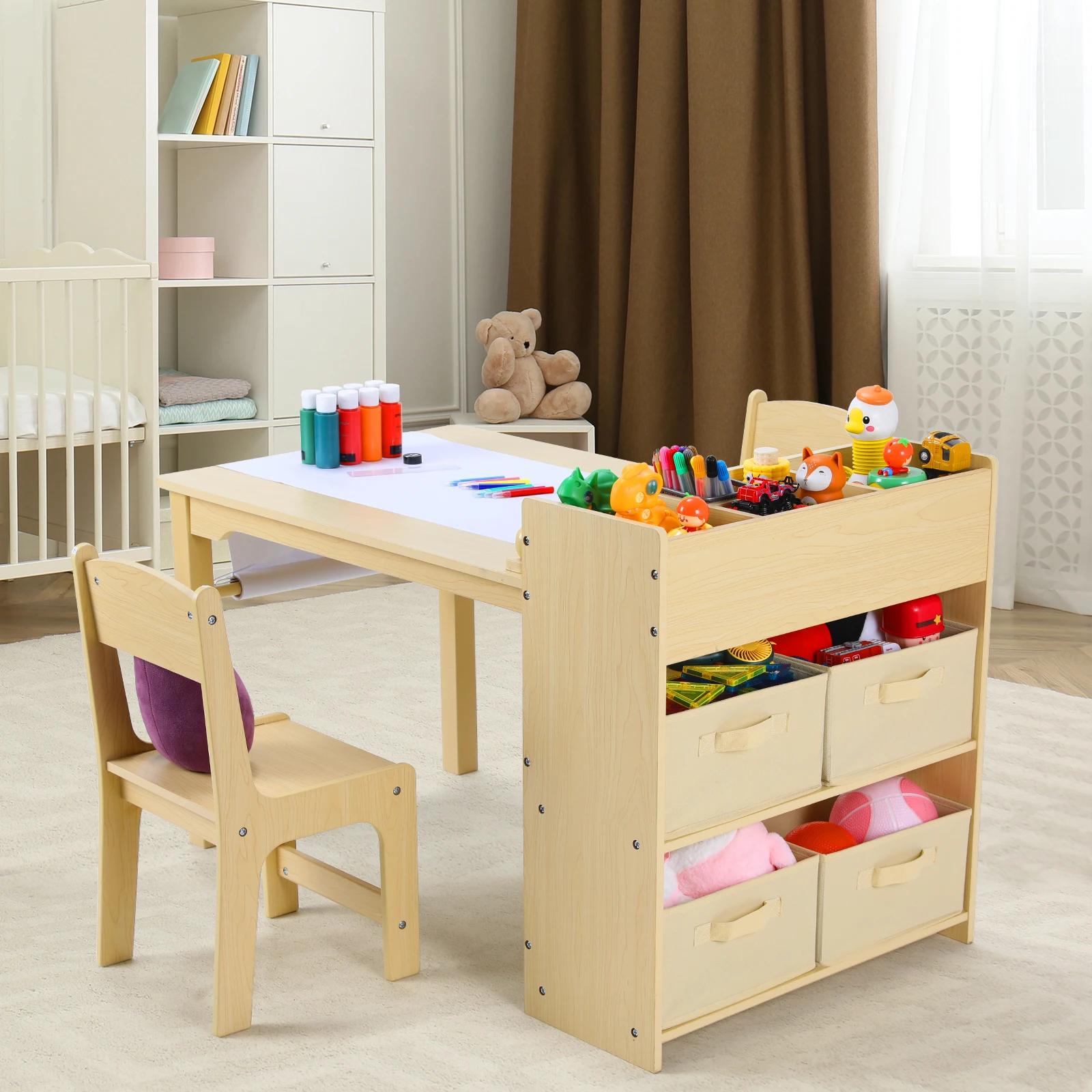 AOOU-Table d'Art et 2 Chaises pour Enfant, Bureau de Dessin Artisanal avec Grandes Étagères de Range