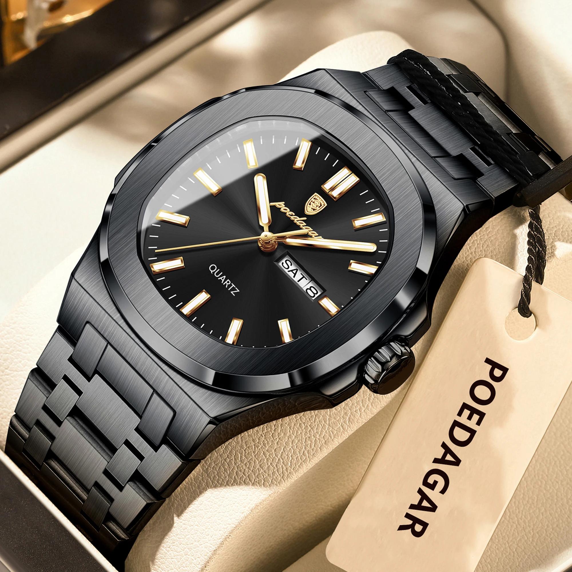 POEDAGAR luxe carré hommes montres étanche lumineux Date semaine hommes montre en acier inoxydable m
