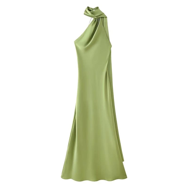 YENKYE High Street-Robe longue en satin vert pour femme, sexy, élégante, licou, femme, mode, dos nu,