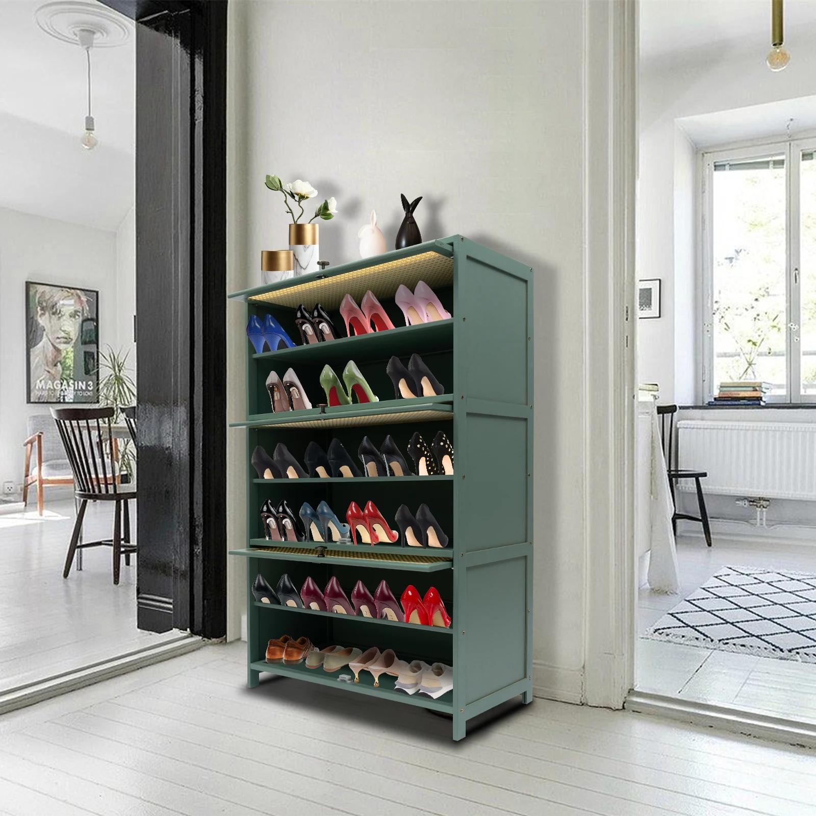 Armoire de Rangement de Chaussures en Bambou de Grande Capacité, à 6 Niveaux, de Couleur Verte