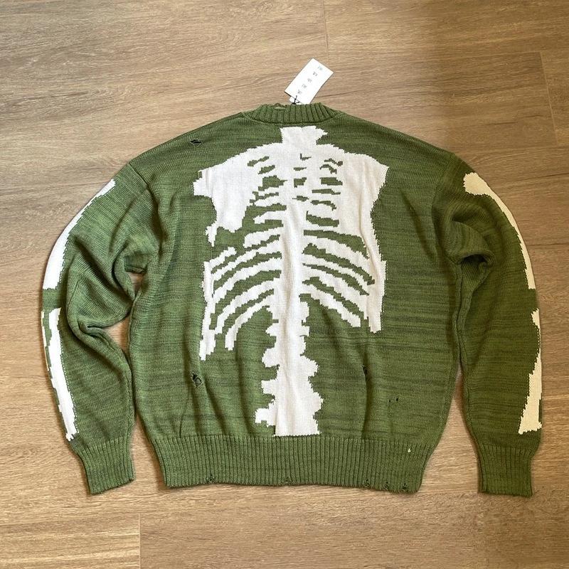 Japon KAPITAL derrière les os trou de squelette vert rétro pull en tricot pull ample pull à manches 