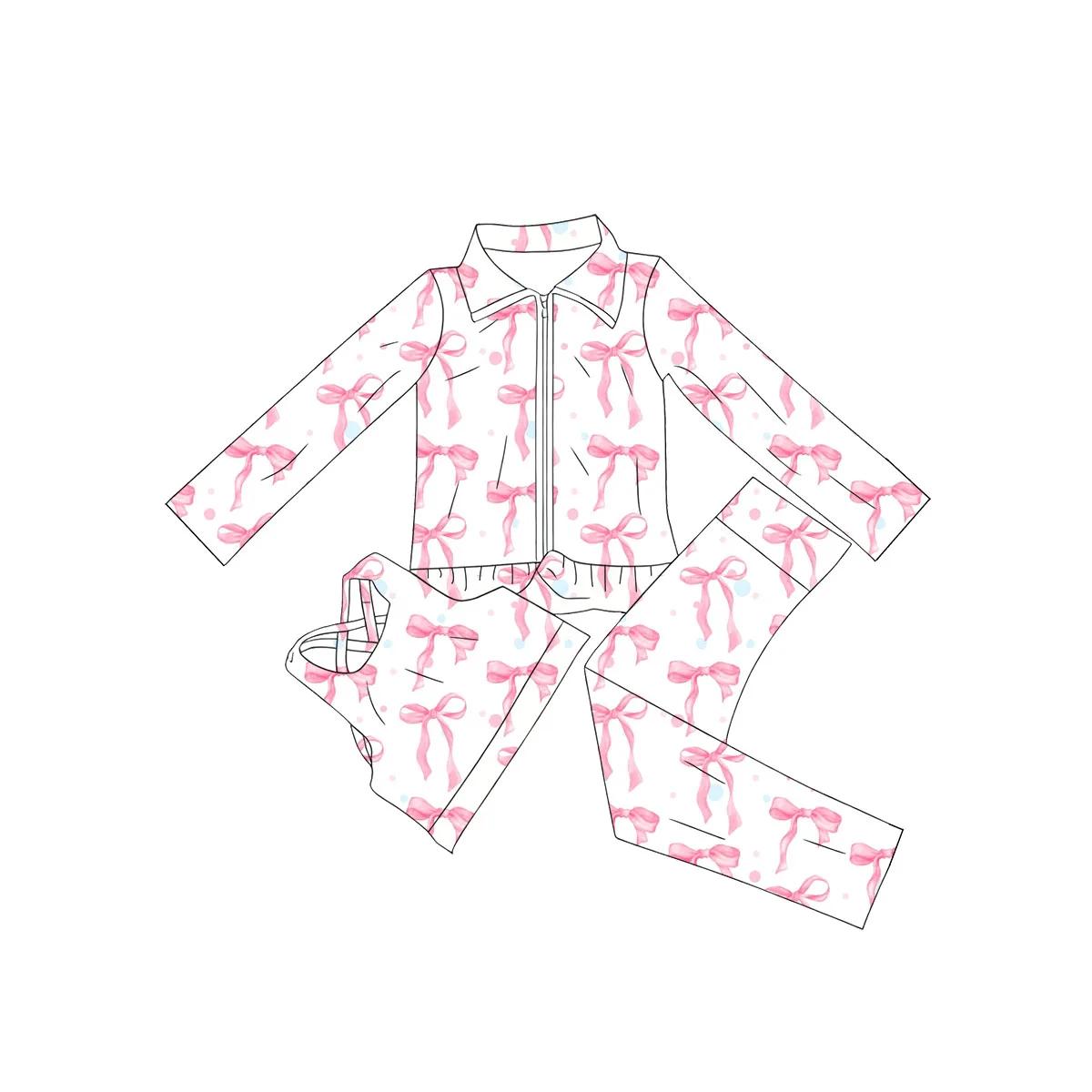Vente chaude enfants vêtements pétoncle école fille deux pièces vêtements à volants arc Boutique fil