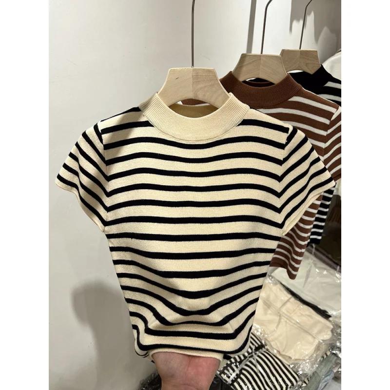 Pull à demi-col roulé rayé pour femme, haut ajusté, chemise à manches courtes, début du printemps et