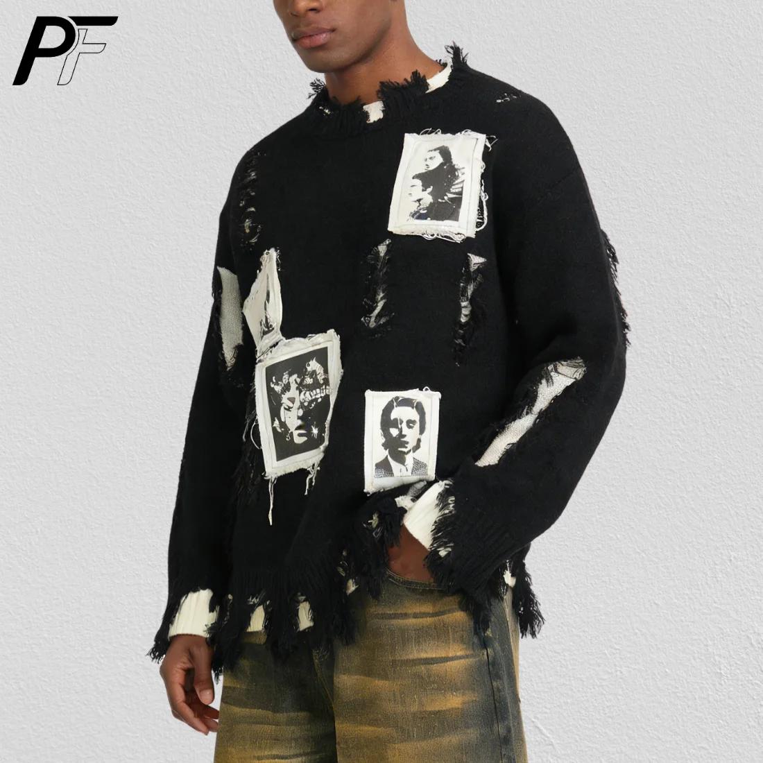Pull col rond déchiré style rétro américain avec patch portrait, coupe ample, manches longues, décon