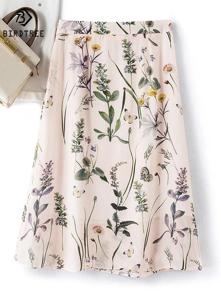 Jupe longue élégante Birdtree en soie 100% naturelle, taille haute, coupe trapèze, imprimé vintage e