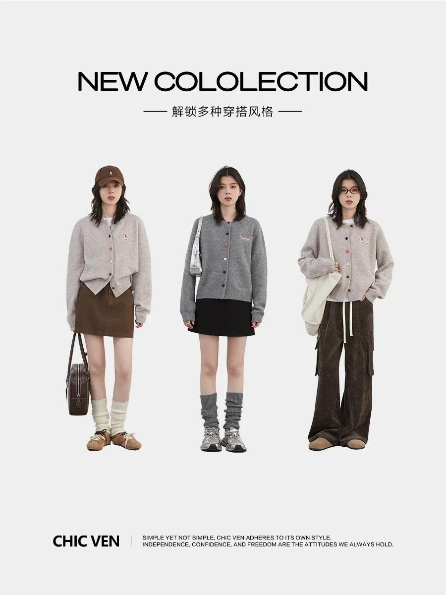 CHIC VEN femmes Cardigan ample décontracté nouveau col rond amour bouton chien broderie tricoté chan
