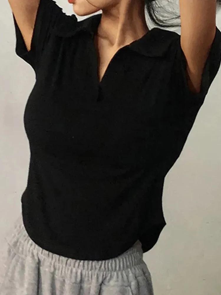 Haut à revers à manches courtes pour femmes, couleur unie, col en v, chemises rétro douces, haut cou