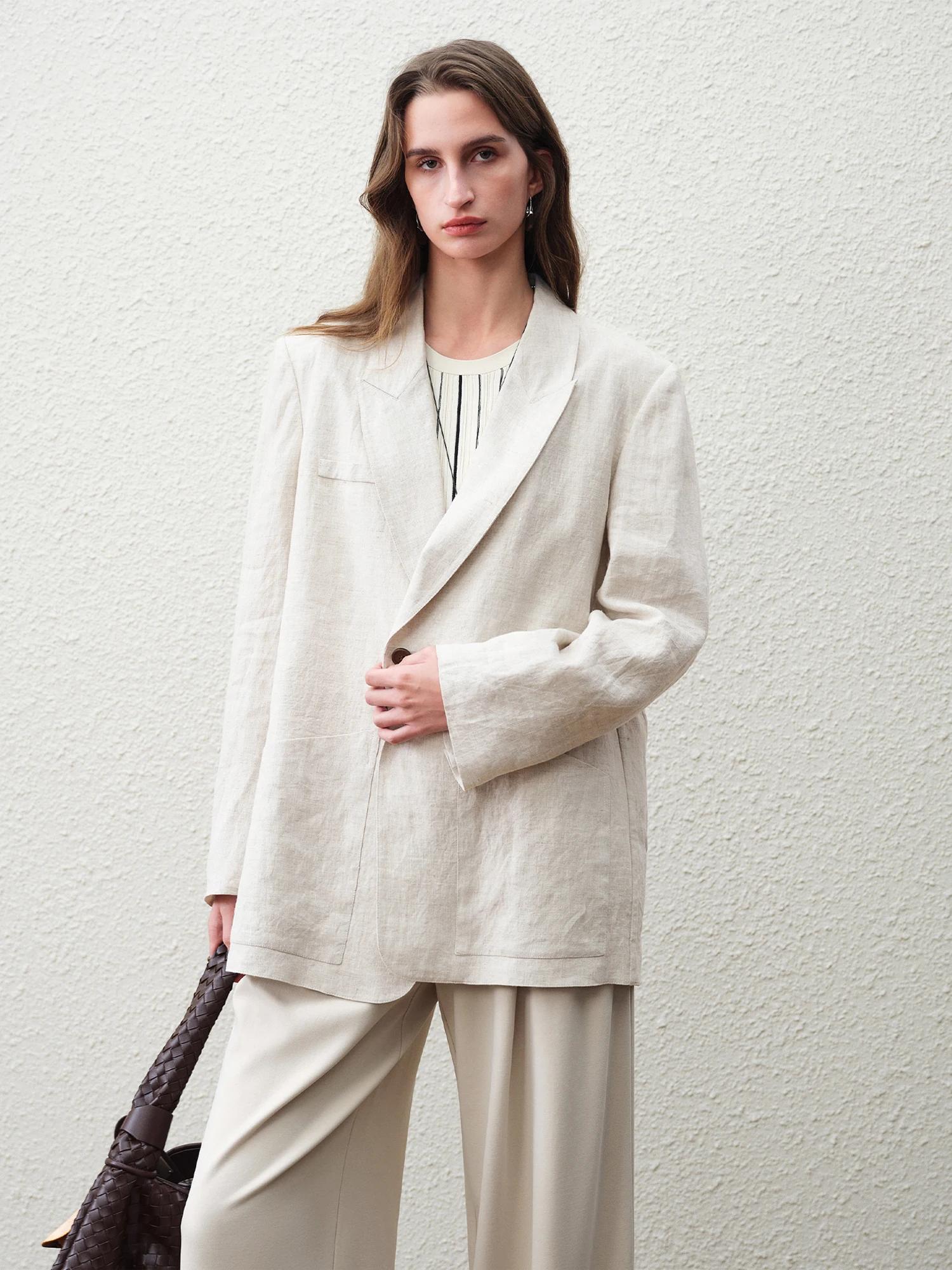 Blazer en lin 100 % pour femme FSLE Printemps 2026 - Coupe décontractée, surchemise non structurée p