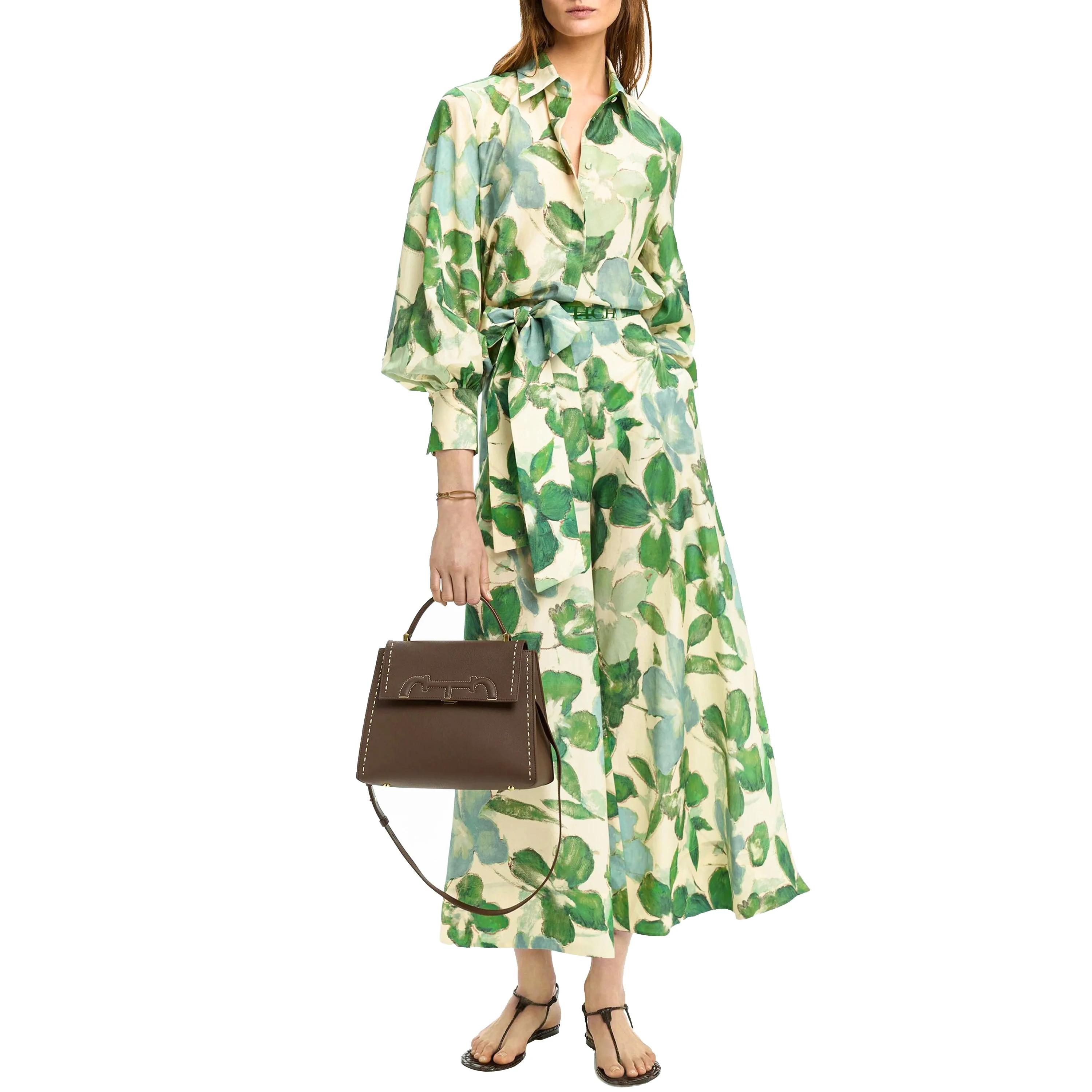 CHCH 2025 robes femmes nouveau ceinturé en mousseline de soie imprimé col en v Chic mince robe longu