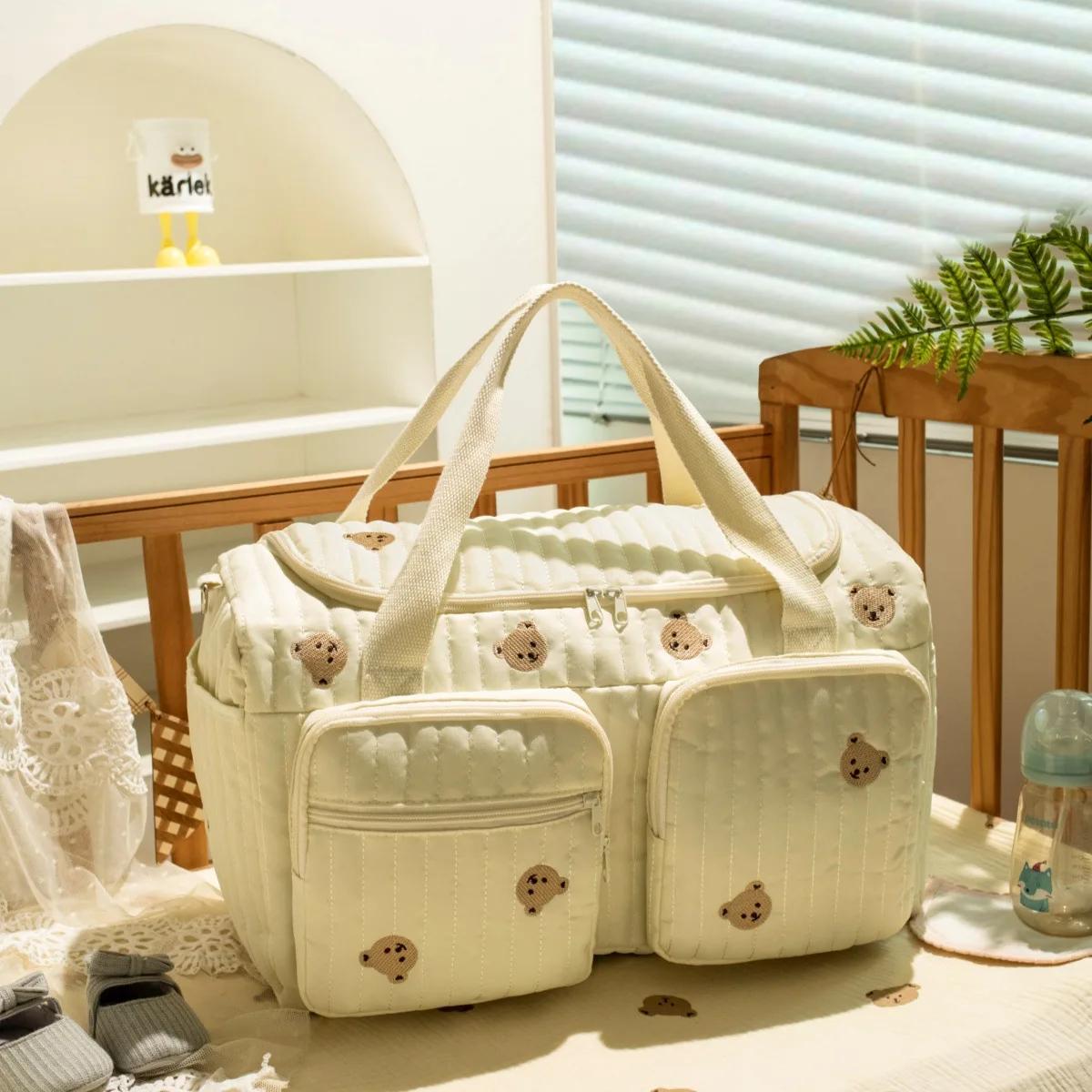 Sac à couches pour bébé, sac à main à motif de broderie de fleurs d'ours mignon, sac pour maman, tis
