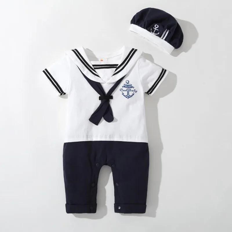 Barboteuse d'été pour bébés garçons et filles, combinaison de marin, chapeau, 2 pièces, Body manches