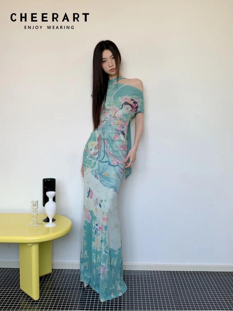 CHEERART mythe fée imprimé Vintage hors de l'épaule robe Maxi femmes maille tuniques moulante longue