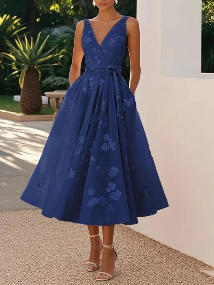 Robe longue élégante imprimée à col en V, sans manches, en maille, avec nœud à la taille, pour femme