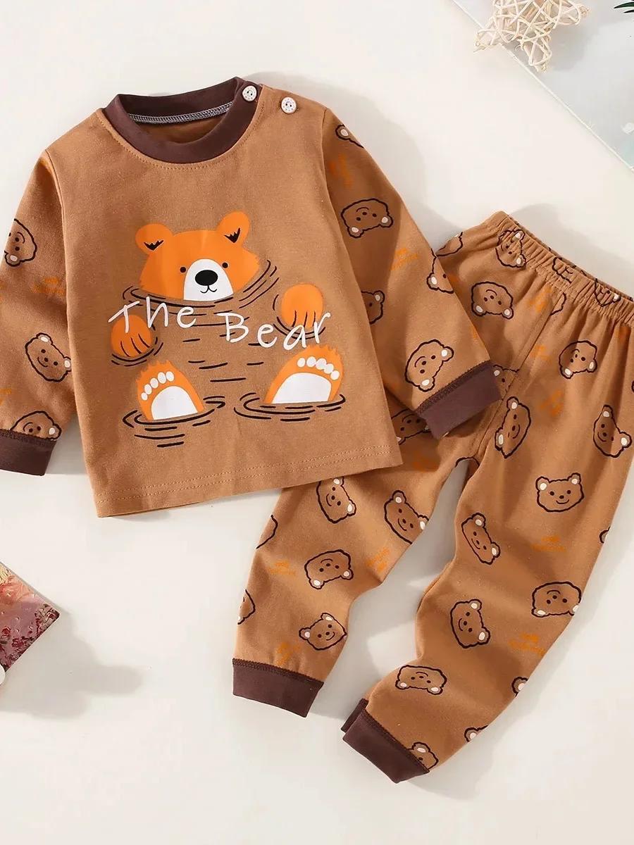 Ensemble de sous-vêtements pour garçons en coton avec lettrage et motif d'ours, haut à manches longu