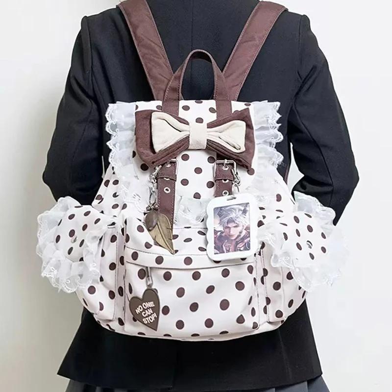 Sac à dos Preppy à pois avec nœud décoratif en dentelle, plusieurs poches, grande capacité, sac simp
