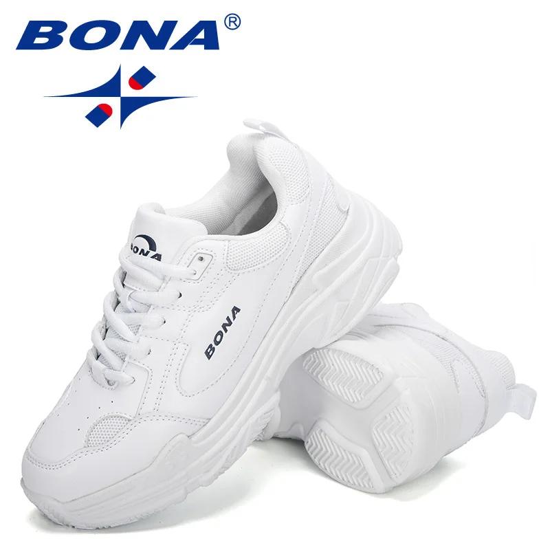 Baskets blanches plates BONA pour femmes - Chaussures décontractées plateforme vulcanisées
