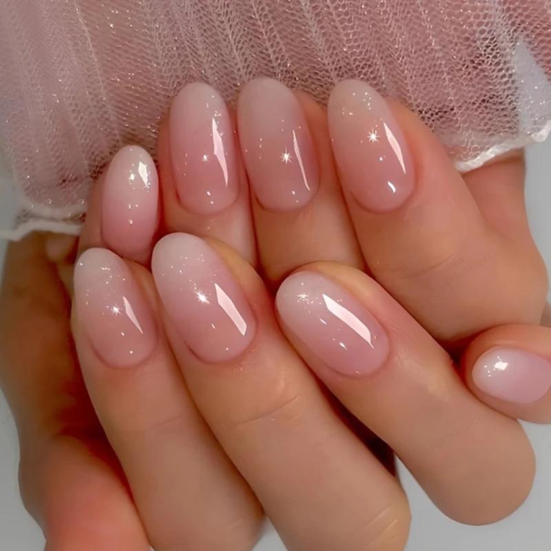 Faux ongles courts ovales dégradés rose pour femmes et filles, finition brillante, couverture complè