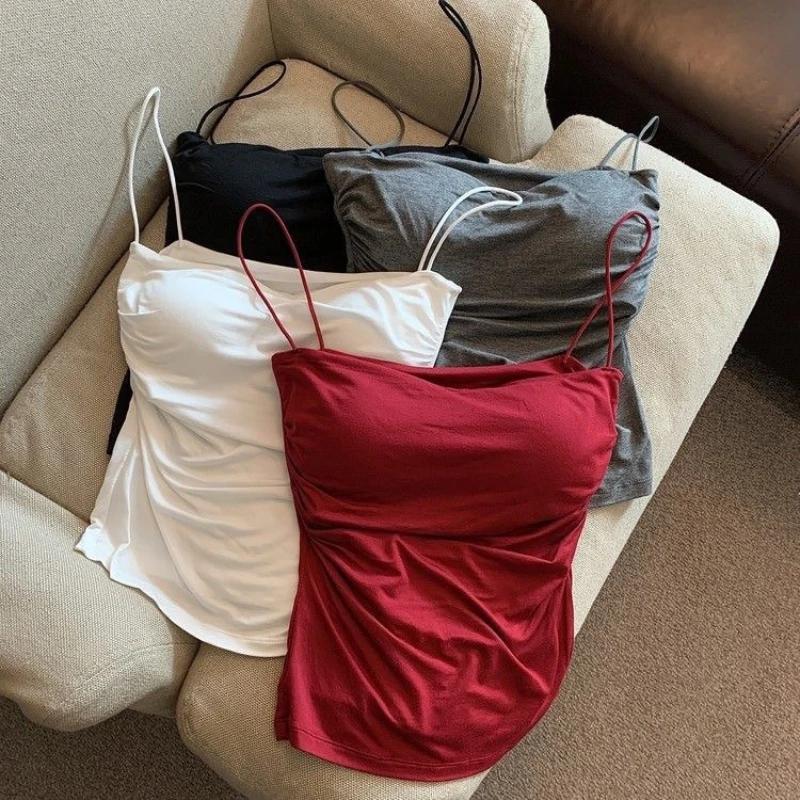 Gilet plissé sans manches pour femmes, Slim Fit, Sexy, haut court avec fines bretelles, couleur unie