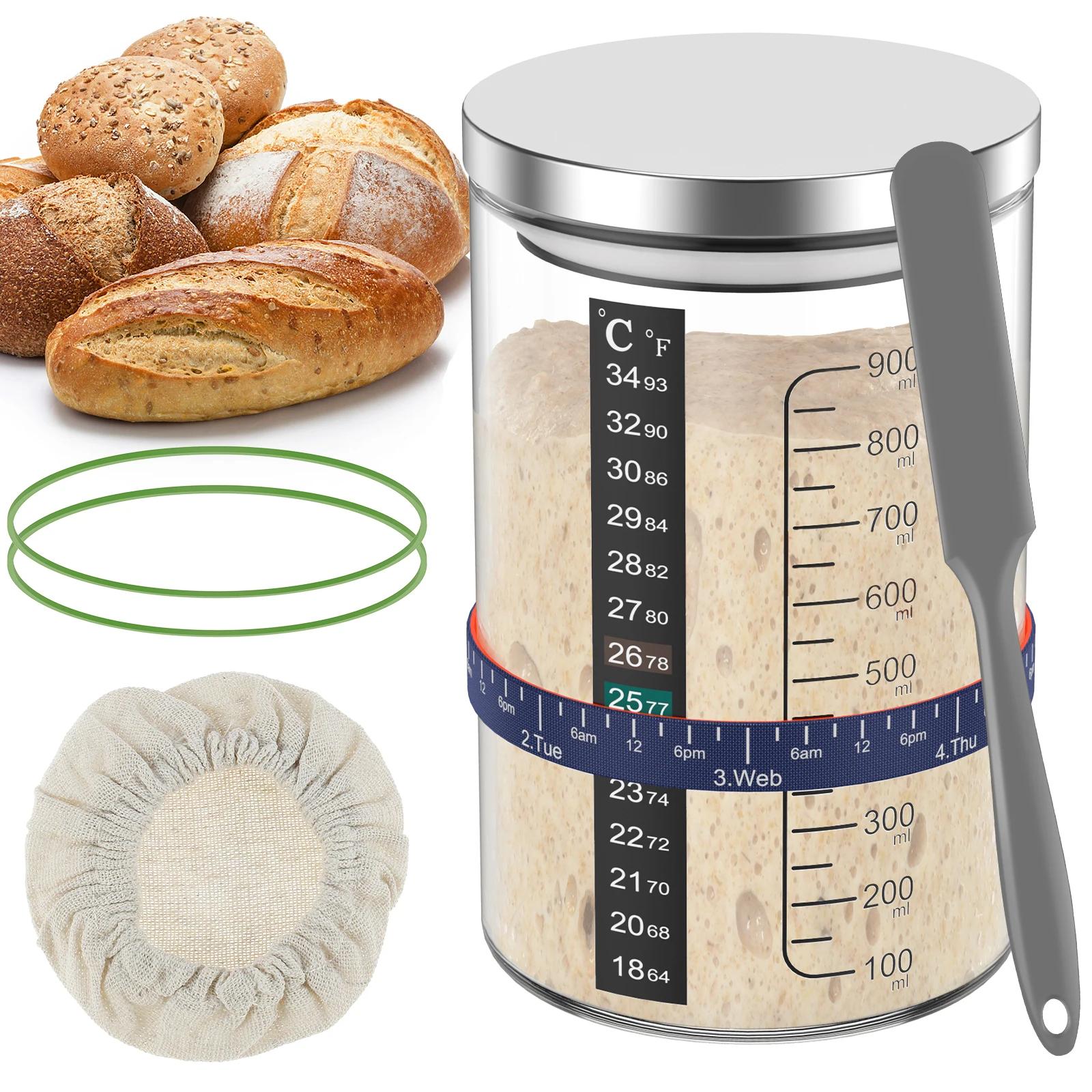 Pot de démarrage à levain 900ml, récipient de démarrage, pot en verre transparent et accessoire, fou