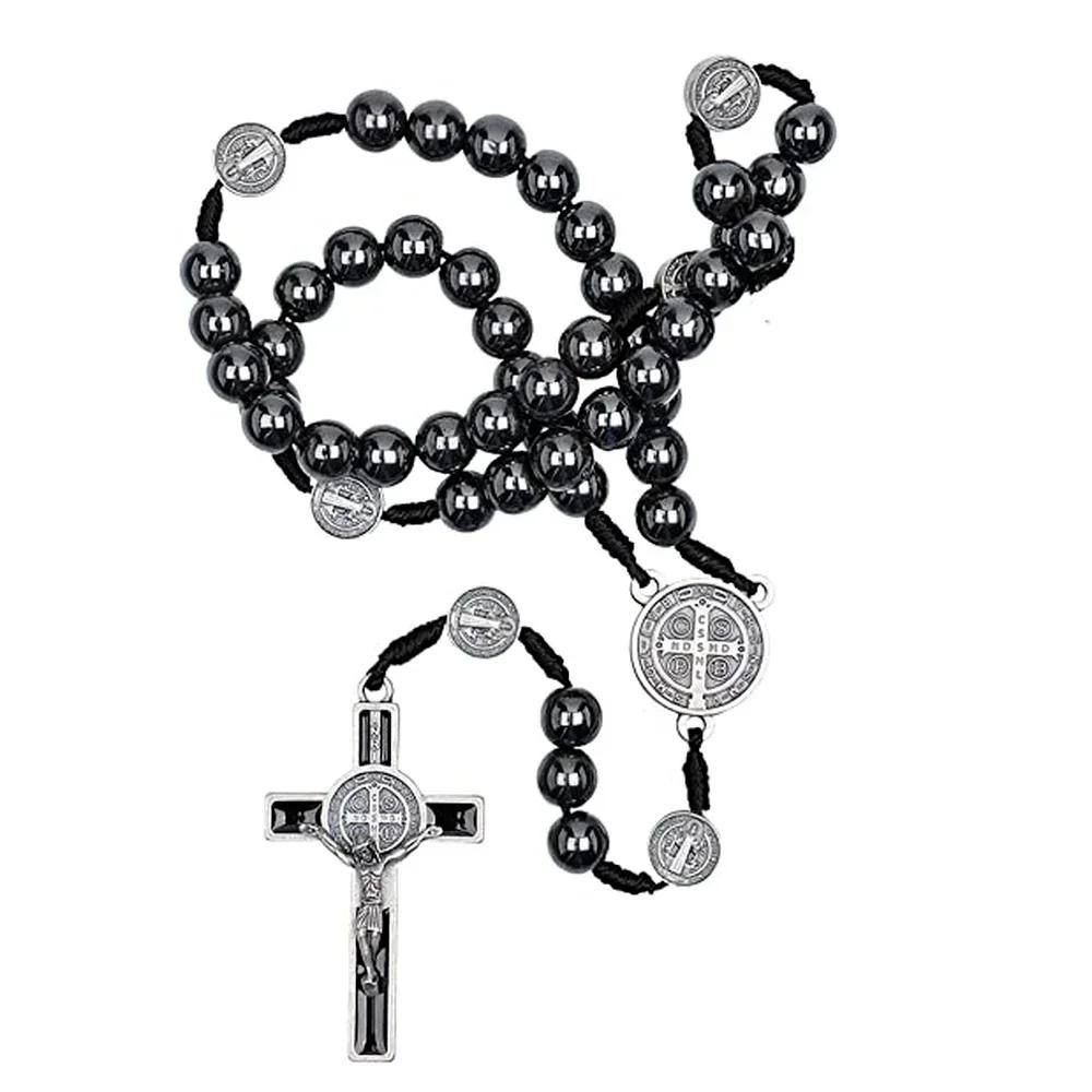 Chapelet catholique, ornement de voiture, perle d'hématite noire, médaille de Saint benoît, croix de