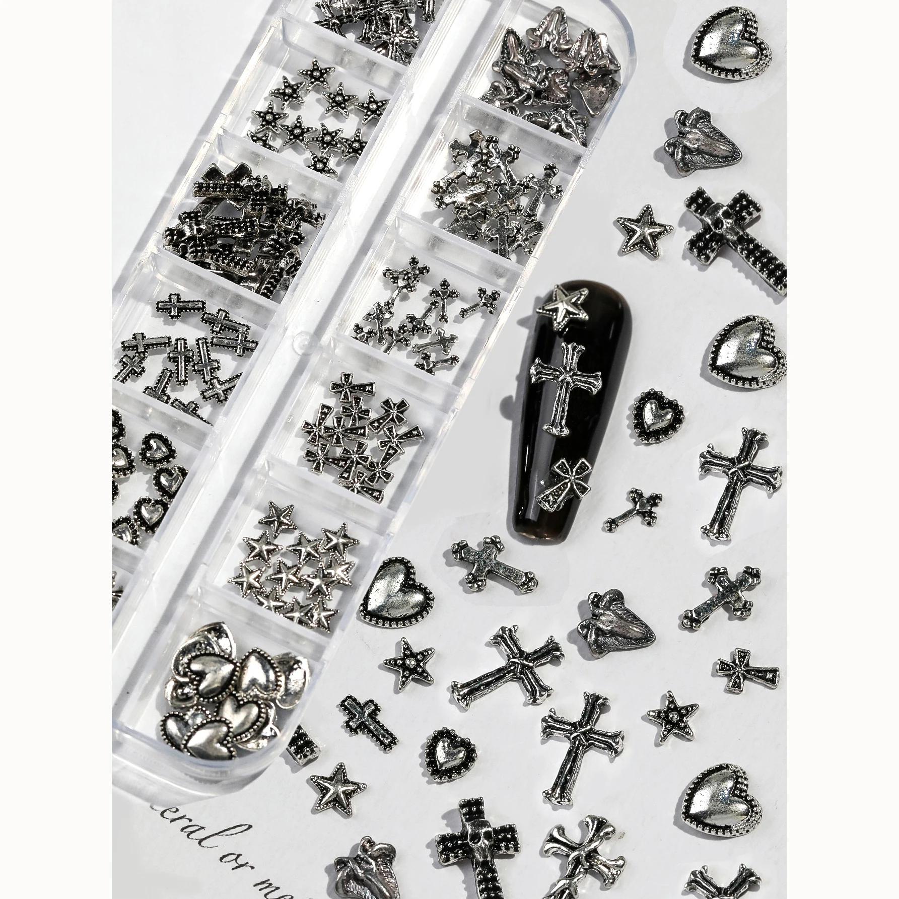 Boîte de 12 grilles Vintage en forme de croix en alliage de Zinc, bijoux pour ongles, fournitures en