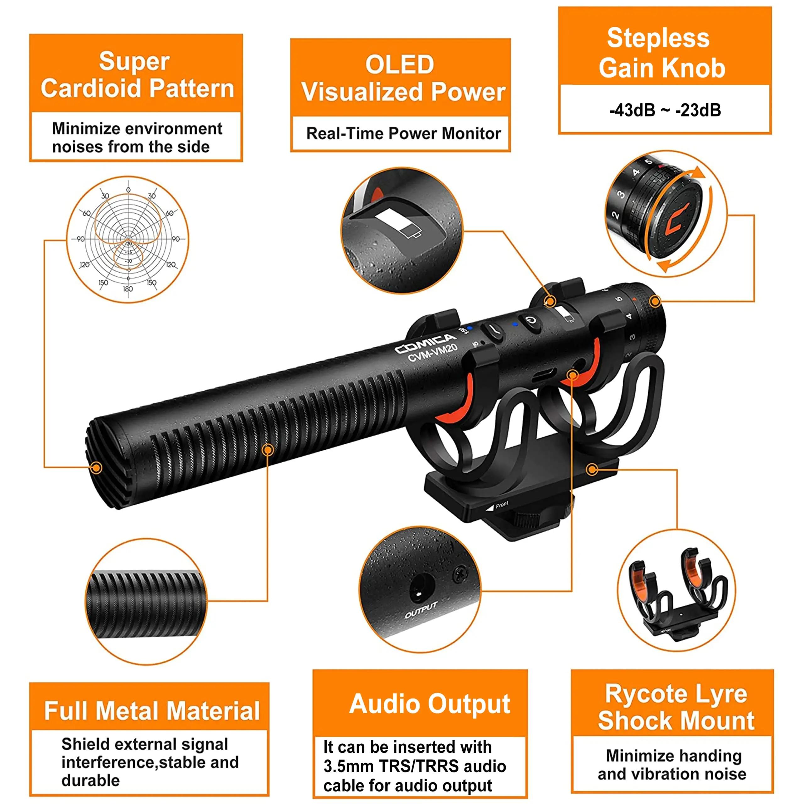 Microphone canon COMICA VM20, microphone super cardioïde professionnel avec support antichoc, microp