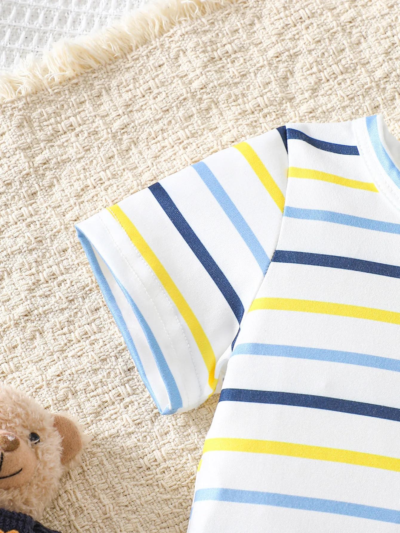 Ensemble t-shirt rayé à manches courtes et salopette en jean pour bébé garçon, ensemble deux pièces