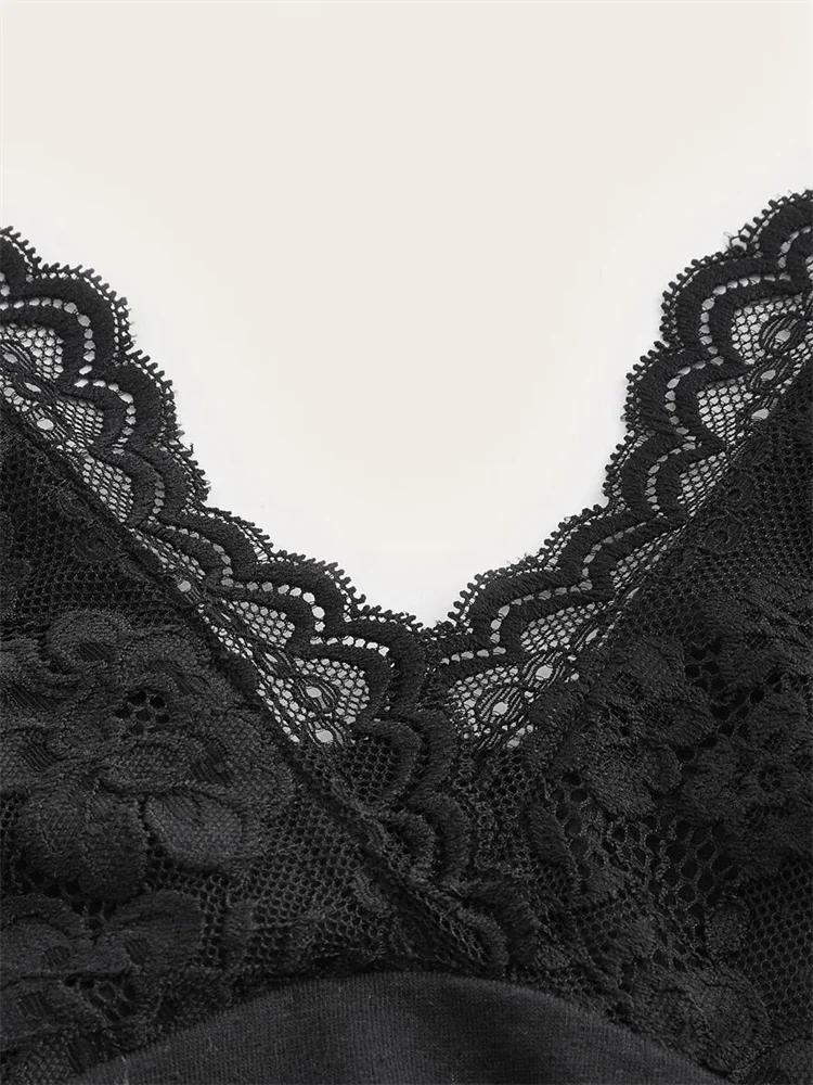 Goth Grunge Punk noir dentelle Patchwork haut à licou femmes été solide froncé dos nu sans manches d