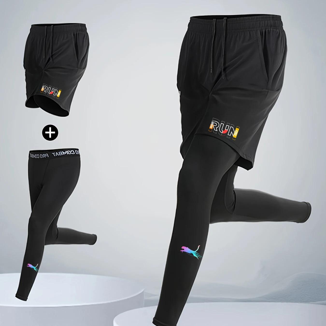 Ensemble de course à pied 2 pièces pour homme, short de sport à séchage rapide avec collants de comp