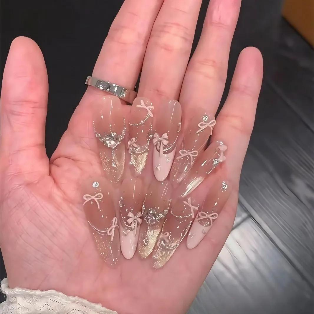 10 pièces rose oeil de chat faux ongles 3D papillon faux ongles diamant perle presse sur ongles dégr