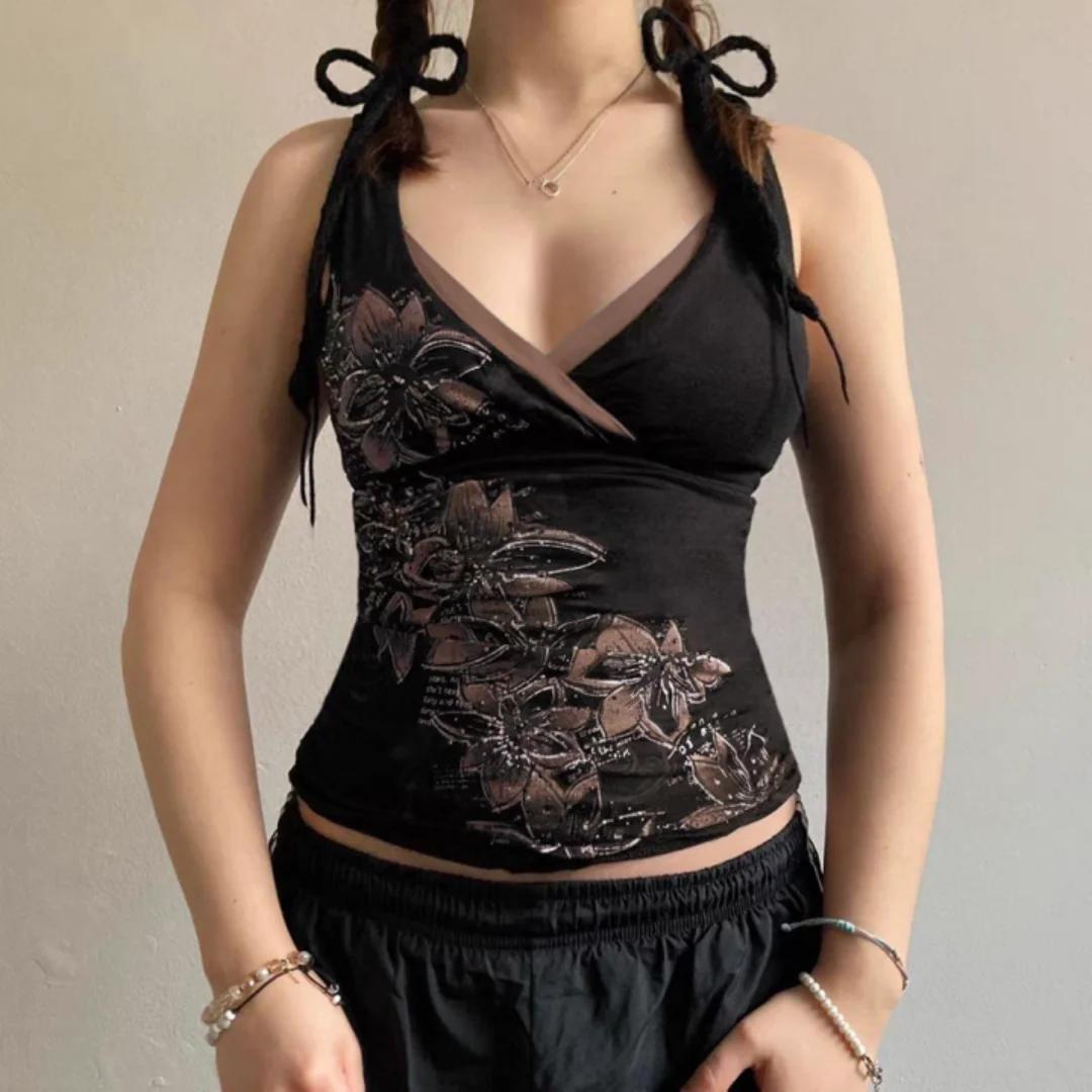 L'été Shibuya Chaude Fille Noir Sexy Sangle Top Femme 2000s Y2K Harajuku Gothique Rétro Dos Nu Top S