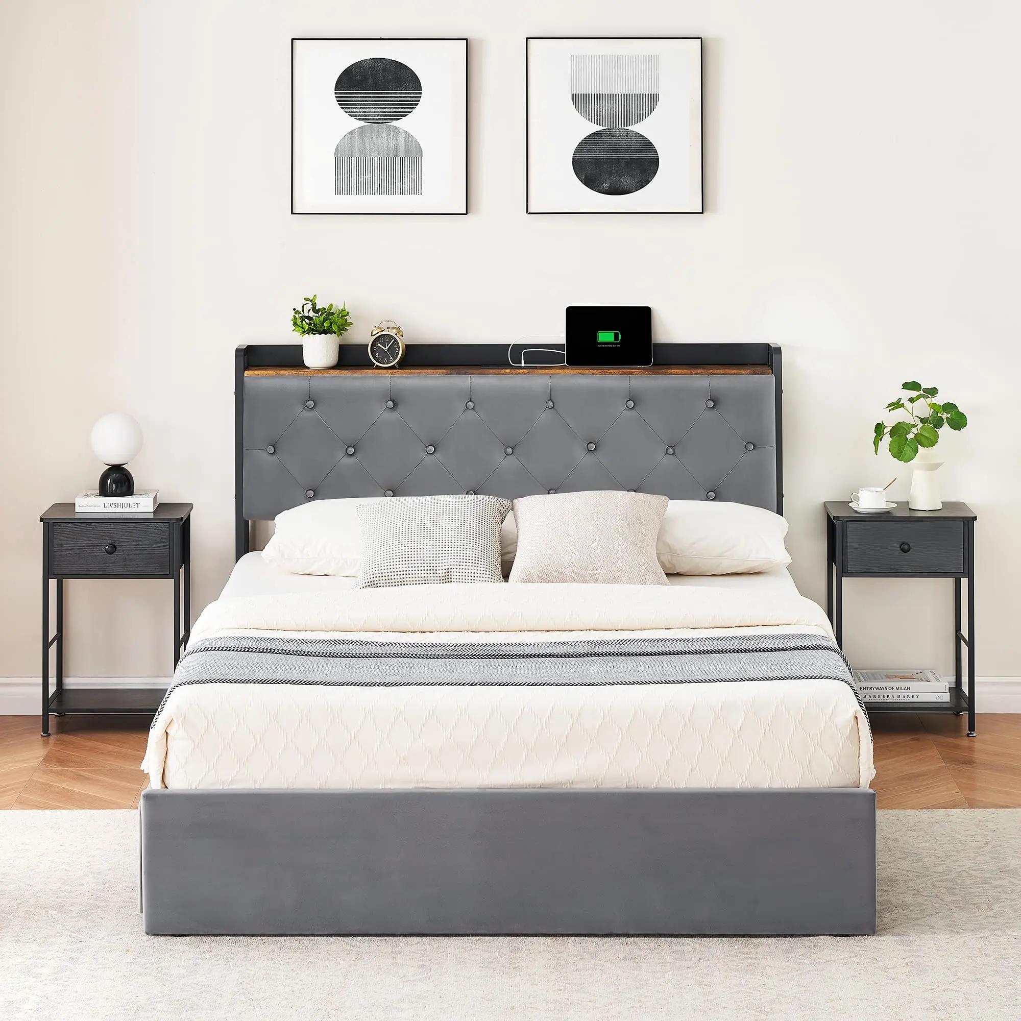 Cadre de lit avec 4 wers de proximité de stockage et station de recharge, avec planche de sauna de s