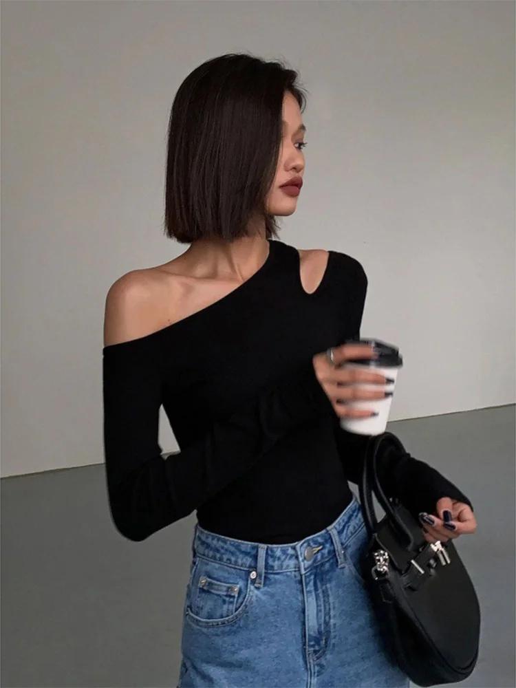 Mode col incliné épaules dénudées à manches longues T-shirts femmes printemps nouveau solide coupe a
