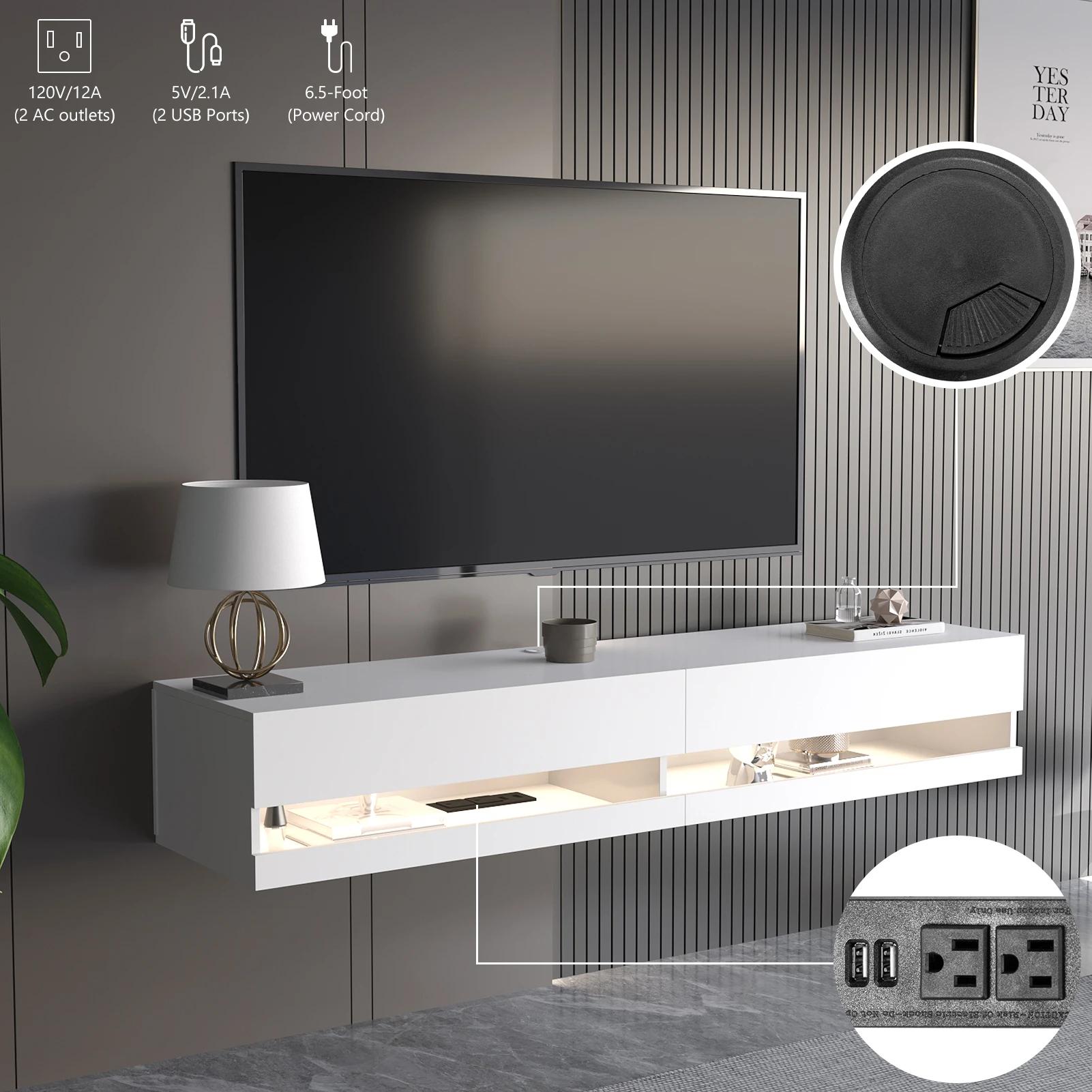Support TV flottant pour TV 75/80 ", support TV mural LED avec prises de courant, console multimédia