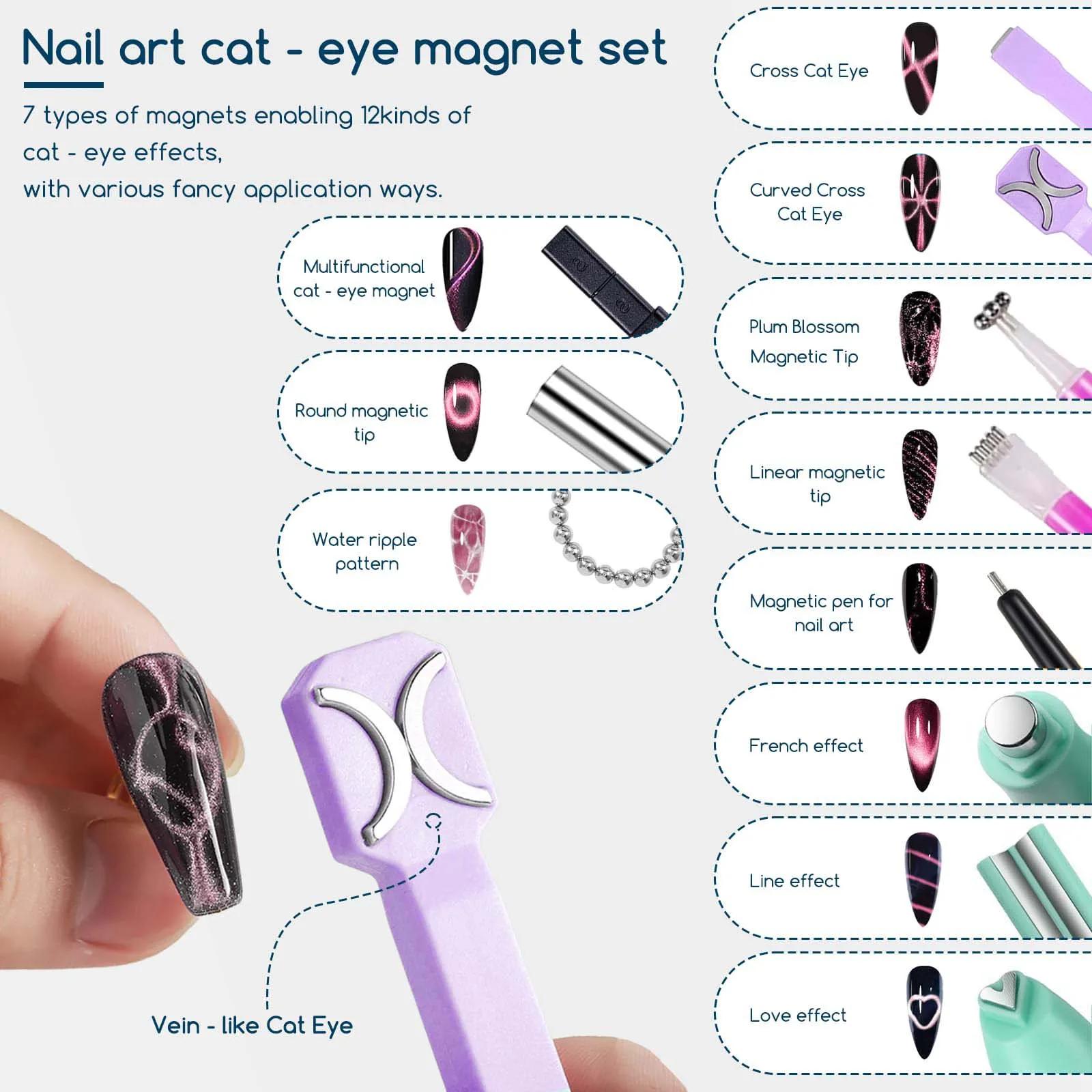 Kit magnétique 3-en-1 pour ongles : stylo magnétique œil de chat, cœur, cylindre, fleur pour nail ar