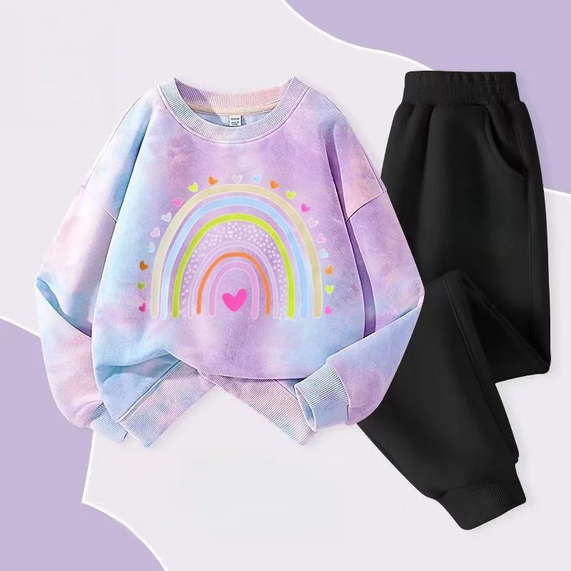 Automne bébé fille cravate colorant vêtements ensemble dessin animé imprimé pull sweats haut et pant