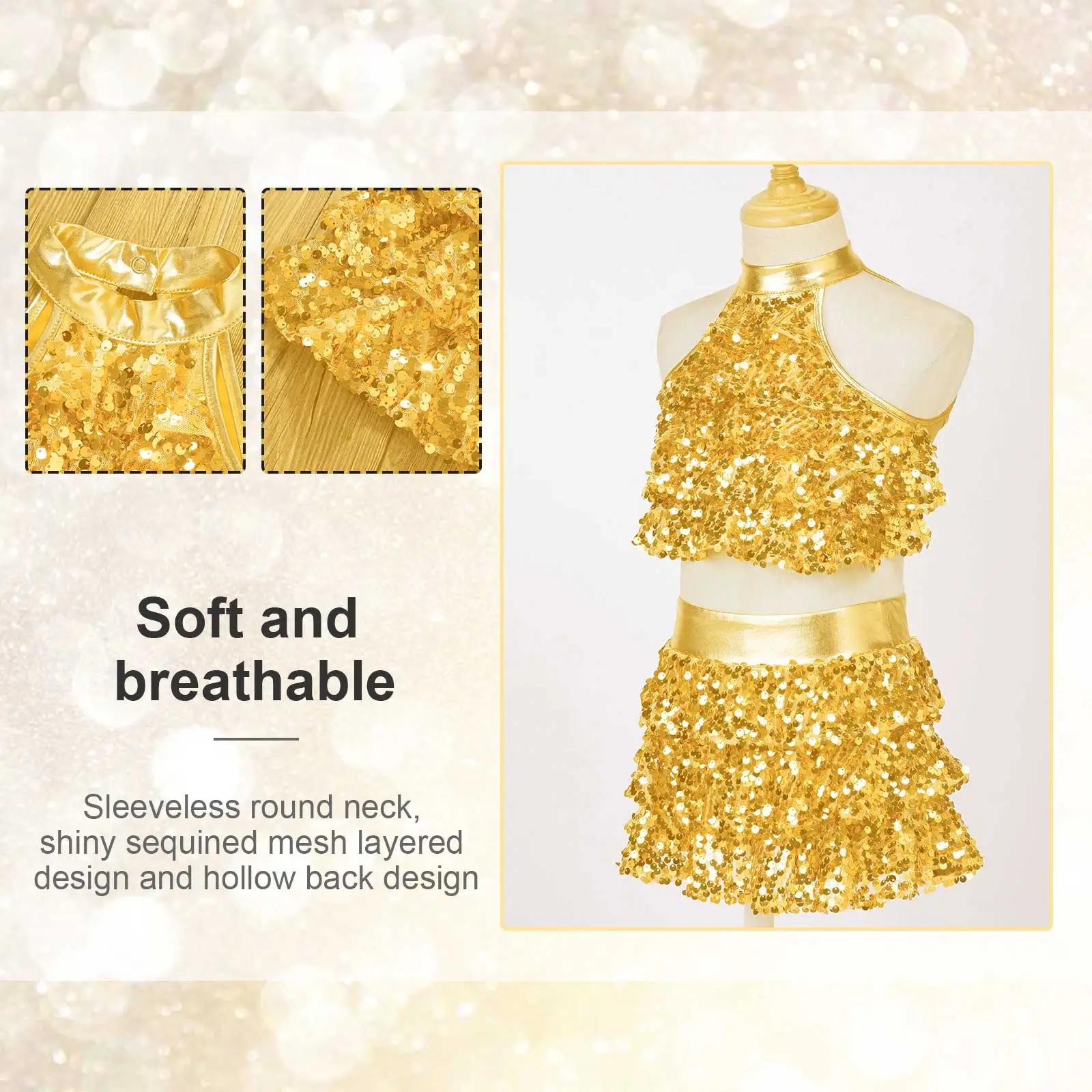 Haut court à plusieurs niveaux avec jupe pour enfants, paillettes brillantes pour filles, ensemble d
