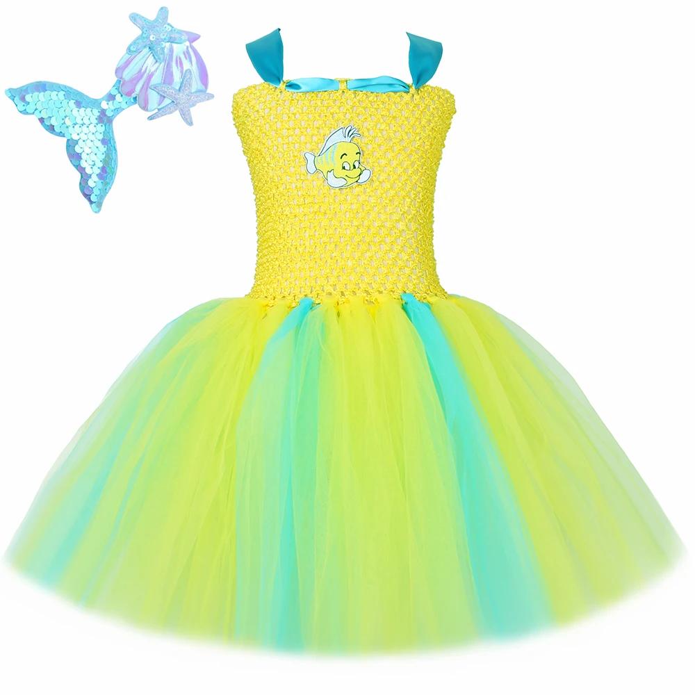 Costume de flétan pour tout-petits, petite sirène, robe tutu jaune de poisson tropical, robe de fête