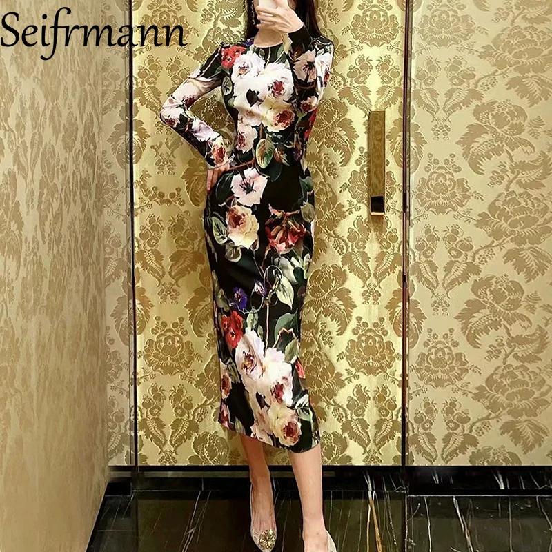 Seifrmann – robe en soie pour femmes, Style Sexy, manches longues, imprimé Vintage, coupe cintrée, p
