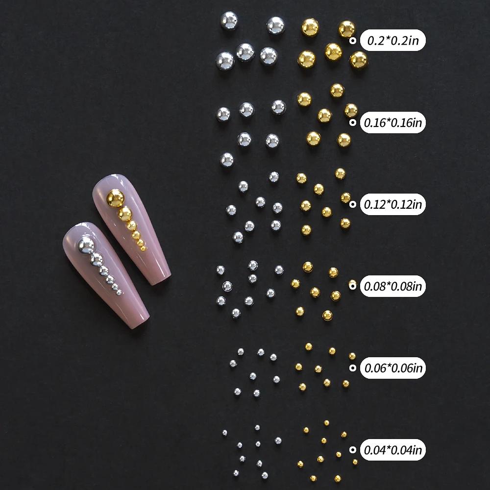 1 boîte de strass demi-ronds à dos plat pour ongles, multi-tailles, perles métalliques or et argent,