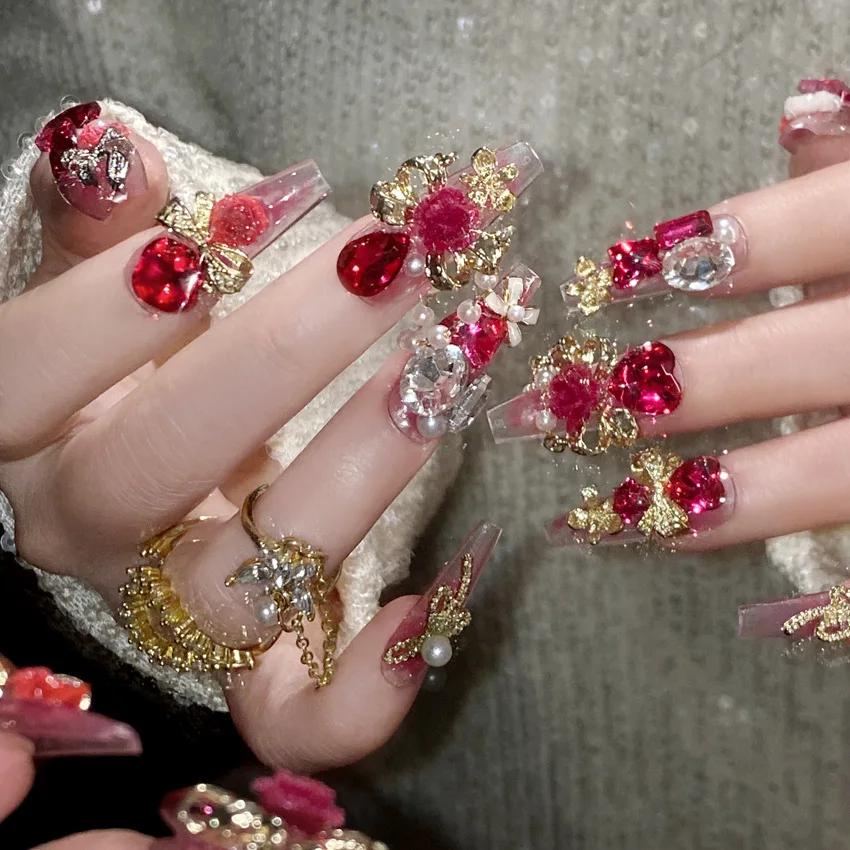 24 pièces nouvel an métal lourd presse sur ongles mariée chinoise mariage faux ongles couverture com